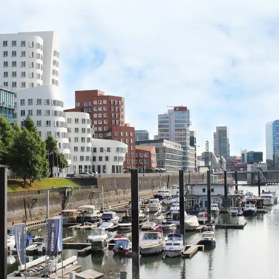 Blick in den Düsseldorfer Hafen mit Zollhof im Hintergrund
